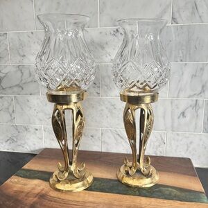 Vintage Pair of Glass Hurricane Shade Brass Candle Holders